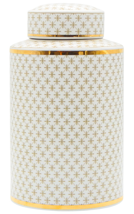 Urne décorative "Ature" cylindrique en céramique émaillé beige et doré GM
