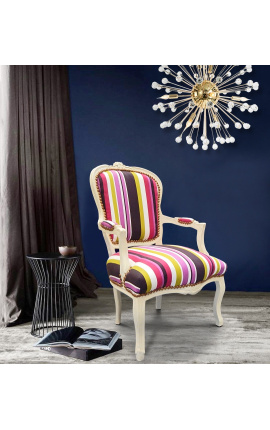 Бароков фотьойл в стил Луи XV, разголен многоцветен плат и бежово лакирано дърво