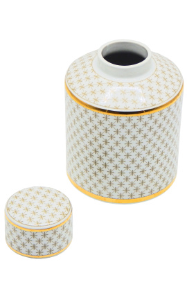 Decorative cylindrical &quot;Ature&quot; urn in beige and gold enameled ceramic MM
