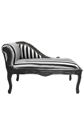 Chaise longue estilo Luís XV em tecido listrado preto e branco e madeira preta