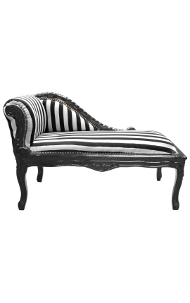 Louis XV chaise longue gestript van zwarte en witte stof en zwart hout