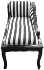 Chaise longue in stile Luigi XV in tessuto a righe bianche e nere e legno nero