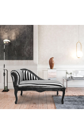 Chaise longue estilo Luís XV em tecido listrado preto e branco e madeira preta