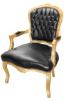 Barok lænestol af sort læder i Louis XV-stil og guldtræ