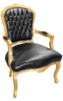 Barok lænestol af sort læder i Louis XV-stil og guldtræ