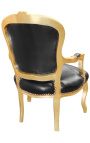 Barokke fauteuil van zwart kunstleer in Lodewijk XV-stijl en goudkleurig hout