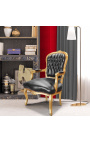 Barocker Sessel aus schwarzem Kunstleder und goldenem Holz im Louis-XV-Stil