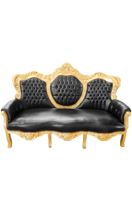 Baroka stila dīvāns melns no ādas un zelta koka