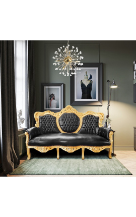 Бароков диван изкуствена кожа черно и златно дърво