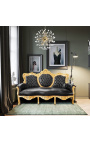 Sofá barroco tecido de couro sintético preto e madeira dourada
