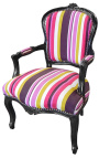 Baroque armchair of Louis XV style multicolor stripes fabric and black wood - 16