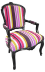 Baroque armchair of Louis XV style multicolor stripes fabric and black wood
