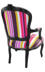 Barokk lenestol av Louis XV Stil Multicolor Stripes Fabric and Black Wood - 19