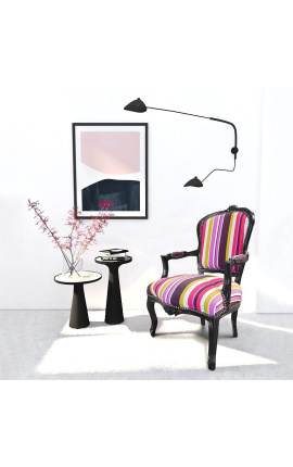 Baroque armchair of Louis XV style multicolor stripes fabric and black wood