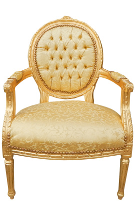 Fauteuil Louis XVI de style baroque tissu satiné doré et bois doré