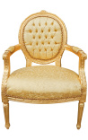 Barockfåtölj Louis XVI stil guld satine tyg och gyllene trä - 1