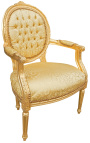 Barock-Sessel im Louis XVI-Stil, goldfarbener Satinstoff und vergoldetes Holz