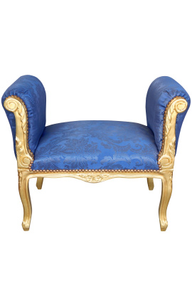 Bancada barroca estilo Luís XV com tecido de cetim azul "Gobels" e madeira dourada