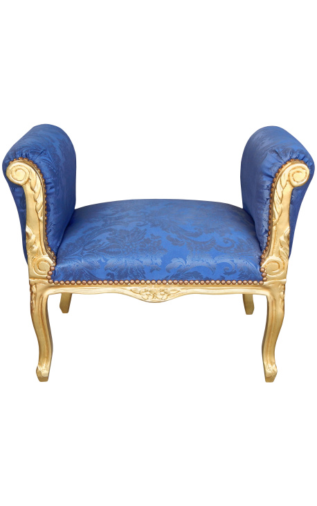 Banco barroco em tecido acetinado azul estilo Luís XV com motivos "Gobelins" e madeira dourada