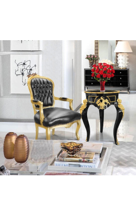 Fotel w stylu barokowym w stylu Ludwika XV czarna ekoskóra i złote drewno