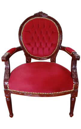 Fauteuil Louis XVI de style baroque velours bordeaux et bois couleur acajou