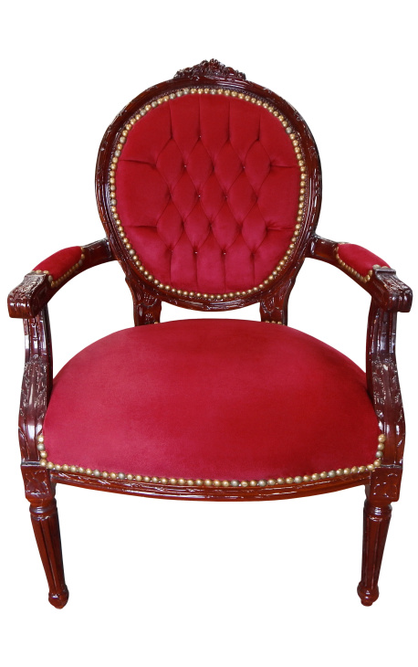 Fotoliu baroc Louis XVI Stil Burgundy Velvet și lemn de mahon - 1