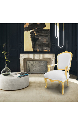 Fotel z białej tkaniny w stylu Ludwika XV i złotego drewna