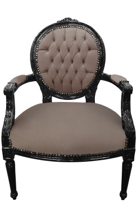 Baroque armchair Louis XVI style taupe velvet and black wood