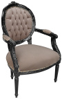 Barokke fauteuil Lodewijk XVI-stijl taupe fluweel en zwart hout