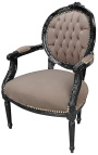 Fauteuil Louis XVI de style baroque velours taupe et bois noir