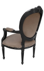 Fauteuil Louis XVI de style baroque velours taupe et bois noir