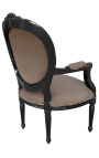 Fauteuil Louis XVI de style baroque velours taupe et bois noir