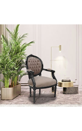 Baroque armchair Louis XVI style taupe velvet and black wood