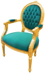 Fauteuil Louis XVI de style baroque velours vert et bois doré