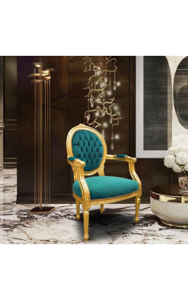 Baroque armchair Louis XVI style green velvet and gilded wood