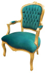 Baroque armchair of Louis XV style green velvet and gold wood