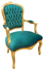 Fauteuil Louis XV de style baroque velours vert et bois doré