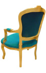 Fauteuil Louis XV de style baroque velours vert et bois doré