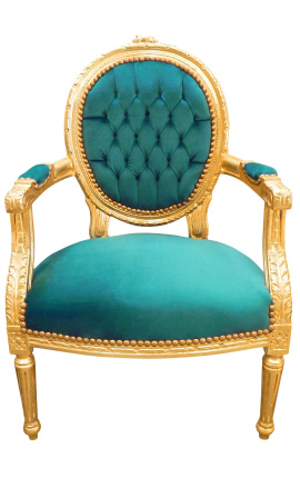 Barokkityylinen nojatuoli Ludvig XVI tyyliin vihreää samettia ja kullattua puuta