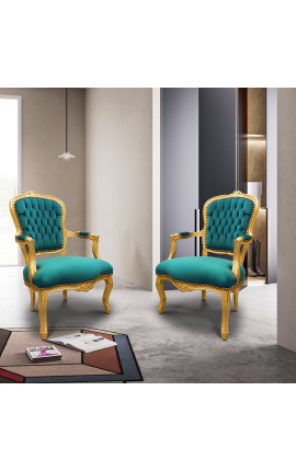 Barocker Sessel aus grünem Samt und goldenem Holz im Louis-XV-Stil