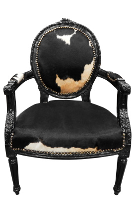 Fauteuil Louis XVI de style baroque vraie peau de vache noire et bois noir