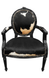 Fauteuil Louis XVI de style baroque vraie peau de vache noire et bois noir