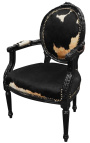 Barokowy fotel w stylu Ludwika XVI z prawdziwej skóry bydlęcej czarno-białej i czarnego drewna