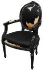 Sillón barroco de estilo Luis XVI piel de vaca real negro y blanco y madera negra