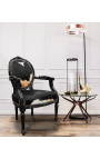 Baroque armchair of Louis XVI style real cow leather black and white and black wood