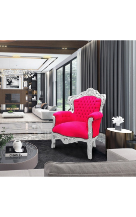 Gran sillón barroco de estilo fucsia terciopelo rosa y madera de plata