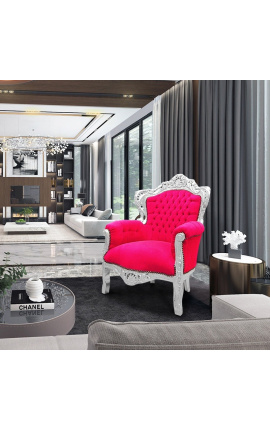Liels baroka stila atzveltnes krēsls fuksijas rozā samta un sudraba koka