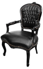 Baroka stila Louis XV atzveltnes krēsls no melna mākslīgās ādas ar rhinestones un melnu koku