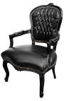 Fauteuil baroque de style Louis XV simili cuir noir avec strass et bois noir