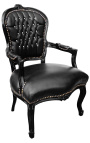 Fauteuil baroque de style Louis XV simili cuir noir avec strass et bois noir